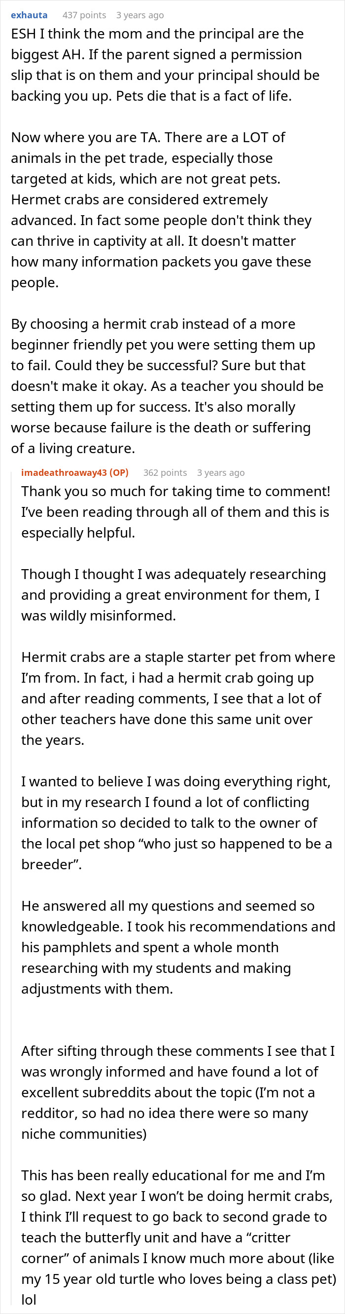 Reddit conversation discussing teacher giving kids hermit crabs as pets and facing backlash after one dies. Reddit conversation discussing teacher giving kids hermit crabs as pets and facing backlash after one dies.