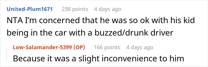Screenshot of an online discussion where a user worries about a child in a car with a buzzed or drunk driver, highlighting parenting safety concerns.