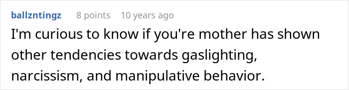 Text comment about curiosity on mother's gaslighting, narcissism, and manipulative behavior related to parents lied food allergies daughter no contact.