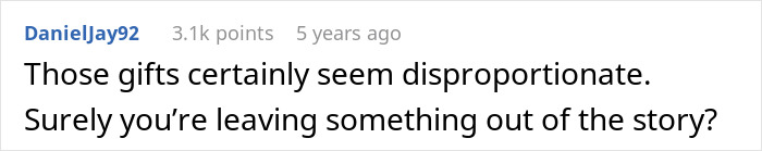Comment about disproportionate gifts, highlighting perceived fairness issues in parents gifting a 25K car to 17YO golden child versus phone case.
