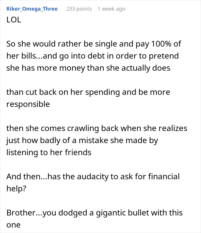 Comment discussing woman demanding combined income and accusing boyfriend of being selfish with money in a financial dispute. Comment discussing woman demanding combined income and accusing boyfriend of being selfish with money in a financial dispute.