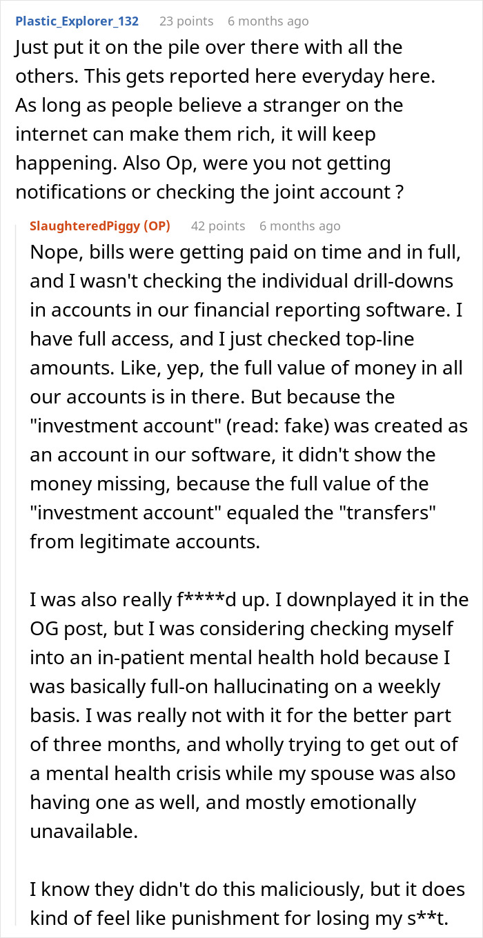 Reddit conversation about educated person falling for a scam investment resulting in zero savings and heavy debt impact.
