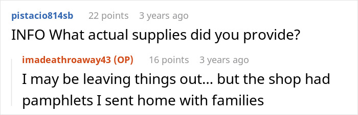 Screenshot of a Reddit conversation about a teacher giving kids hermit crabs as pets and parent backlash after one dies. Screenshot of a Reddit conversation about a teacher giving kids hermit crabs as pets and parent backlash after one dies.