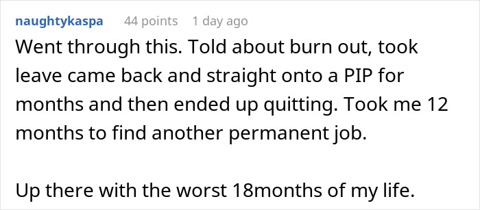 Screenshot of a Reddit comment describing burnout and hostile work environment caused by toxic bosses. Screenshot of a Reddit comment describing burnout and hostile work environment caused by toxic bosses.