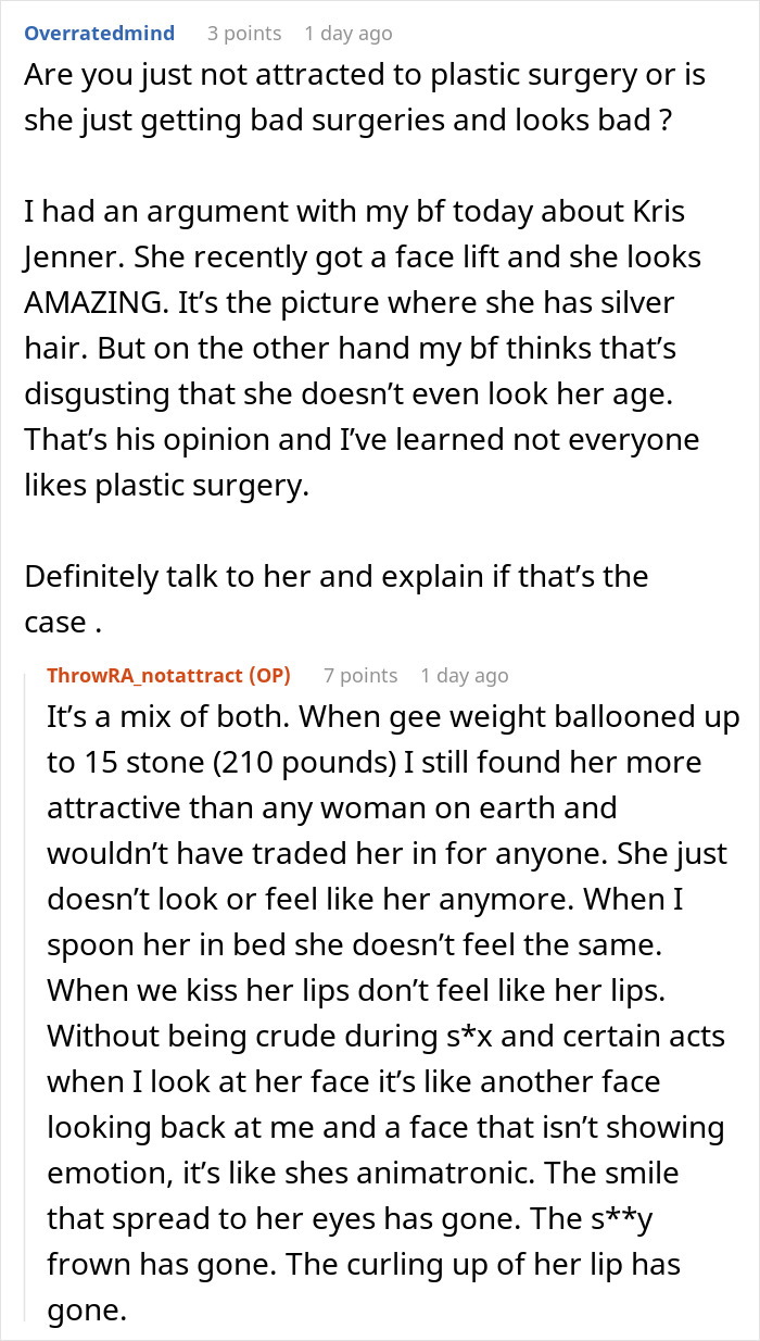 Reddit conversation discussing husband unattracted to plastic surgery changes in wife’s appearance and emotional connection.