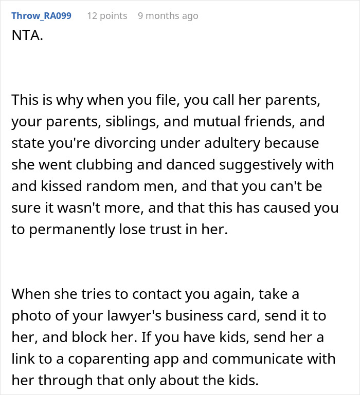 Commenter advising on handling divorce after lady kisses another man and family lashes out against husband&rsquo;s decision.