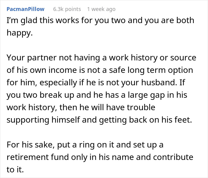 Comment discussing concerns about funding a stay-at-home boyfriend&rsquo;s life and advising financial independence planning.