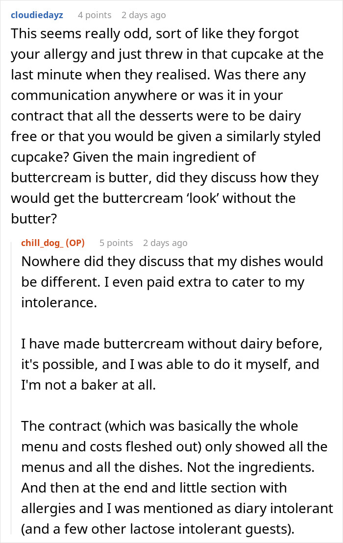 Comments discussing wedding vendors failing to accommodate bride’s allergy, resulting in no cupcakes at the event. Comments discussing wedding vendors failing to accommodate bride’s allergy, resulting in no cupcakes at the event.