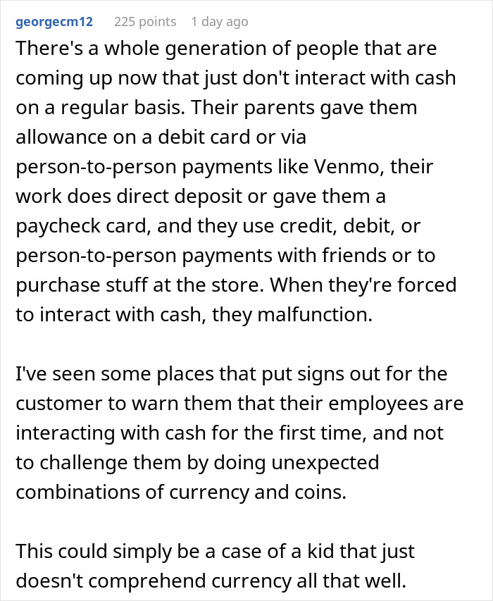 Comment explaining how a waiter assumed a 40 change was a tip due to lack of cash handling experience. Comment explaining how a waiter assumed a 40 change was a tip due to lack of cash handling experience.