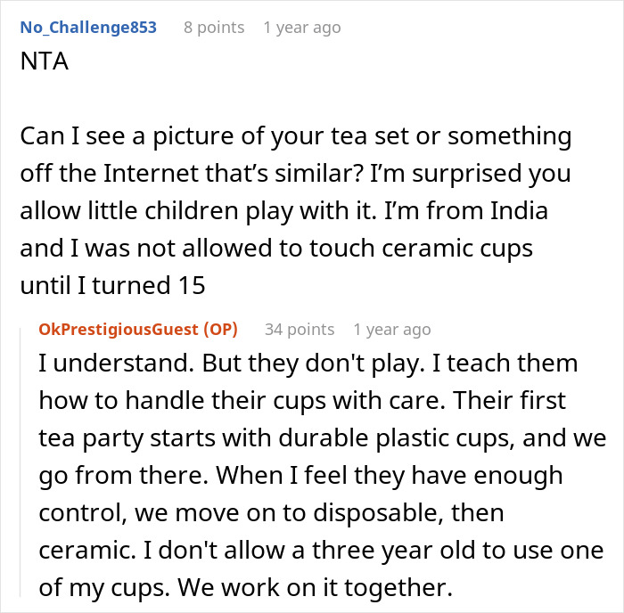 Reddit discussion about tea set care and concerns after man ruins marriage by stealing wife’s tea set and giving it to niece. Reddit discussion about tea set care and concerns after man ruins marriage by stealing wife’s tea set and giving it to niece.