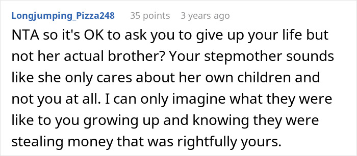 Comment discussing a stepmother pressuring a 19-year-old to become caregiver for disabled stepsister and expressing frustration. Comment discussing a stepmother pressuring a 19-year-old to become caregiver for disabled stepsister and expressing frustration.