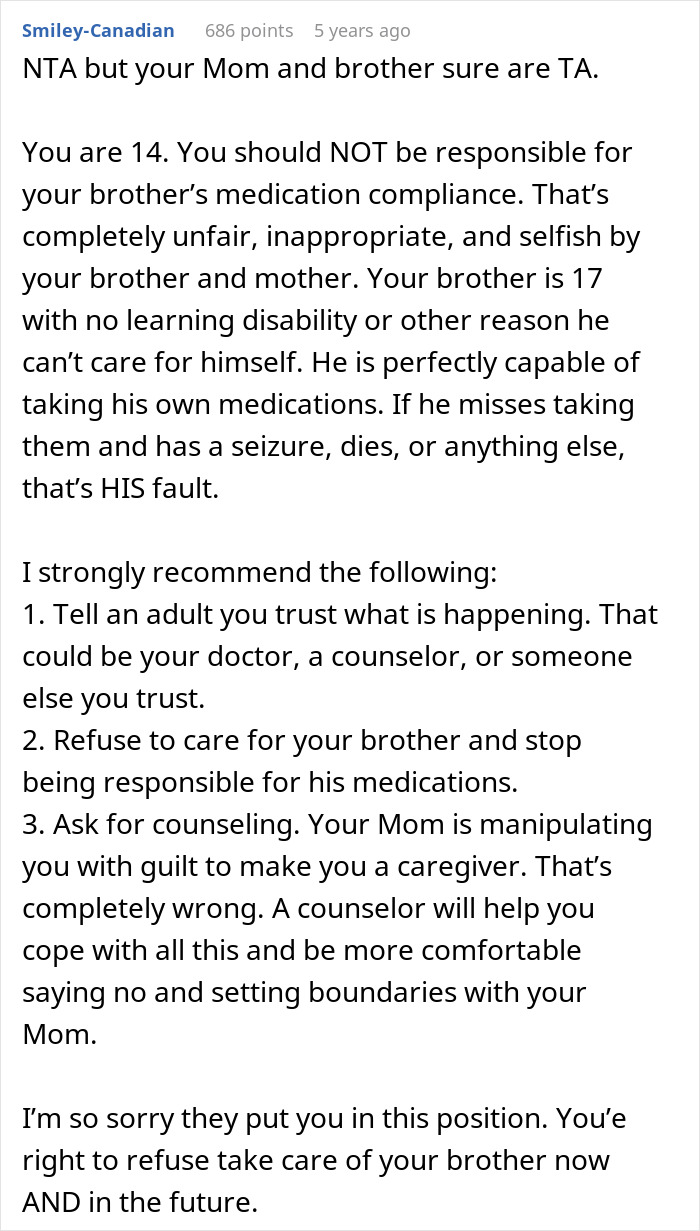 Comment advising a 14-year-old to refuse caregiver role for brother with nocturnal epilepsy and seek adult support.