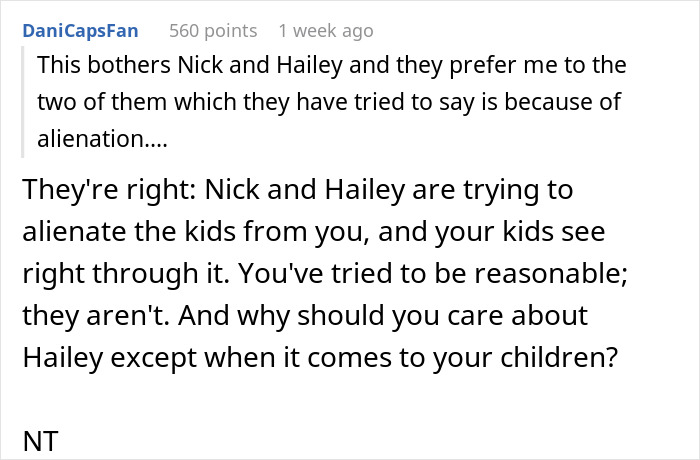 Comment discussing kids preferring their biological mom over stepmom amid family tensions and alienation attempts.