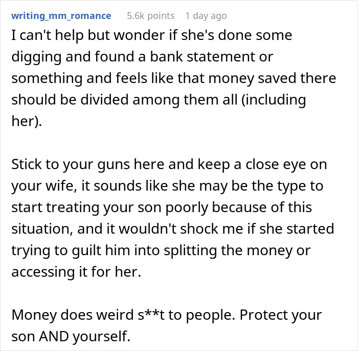 Comment discussing wife throwing tantrum over stepson's inheritance, warning about family money conflicts and protecting son. Comment discussing wife throwing tantrum over stepson's inheritance, warning about family money conflicts and protecting son.