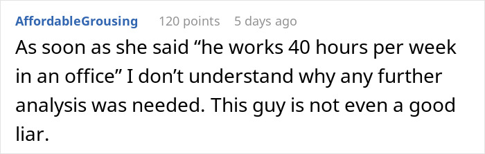 Screenshot of a social media comment discussing a woman suspecting the guy she&rsquo;s seeing is lying about medical school.