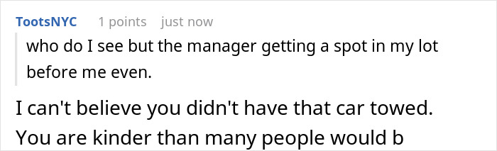 Comment discussing a daycare manager towing a guy’s car and parking lot chaos unfolding afterward.