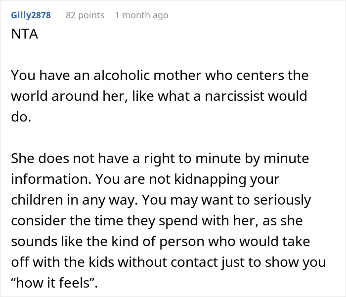 Comment discussing a mother accusing daughter of kidnapping after no updates during child’s medical procedure. Comment discussing a mother accusing daughter of kidnapping after no updates during child’s medical procedure.