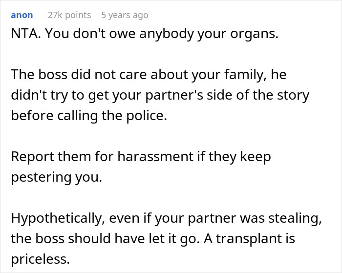 Screenshot of online comment advising not to owe organs and reporting harassment in refusing donate liver lawsuit discussion.