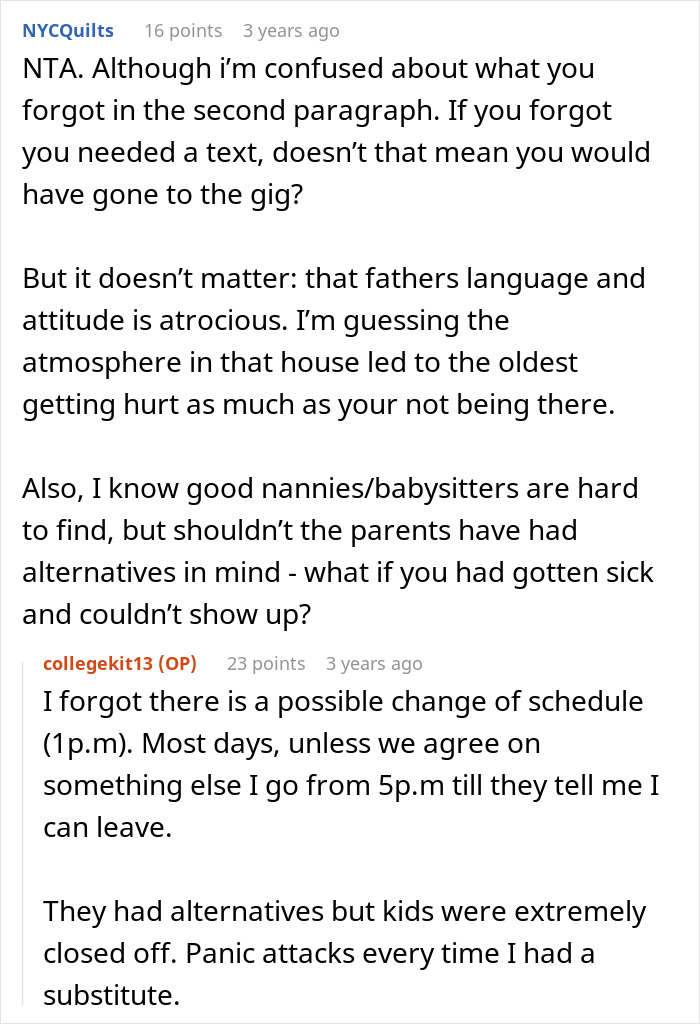 Commenters discuss rude rich folks firing a babysitter with false accusations and blaming her after missing a business trip.