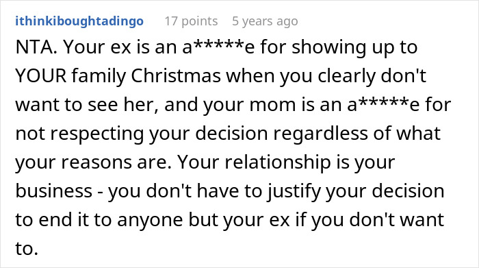 Comment text discussing a guy running out the window after his mom’s attempt to reconcile him and his ex-fiancé. Comment text discussing a guy running out the window after his mom’s attempt to reconcile him and his ex-fiancé.