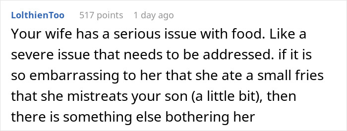 Screenshot of a Reddit comment discussing family drama about a man filming his wife secretly over fries.
