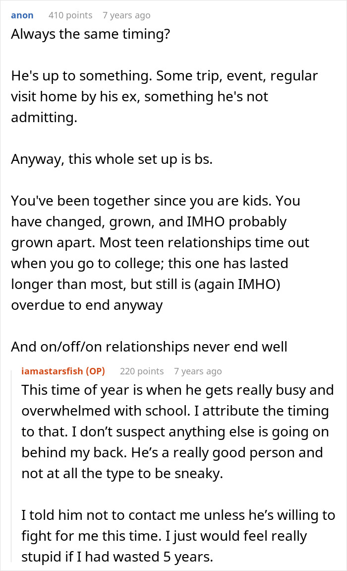 Online discussion about relationship break every year, with users debating timing, growth, and trust issues. Online discussion about relationship break every year, with users debating timing, growth, and trust issues.