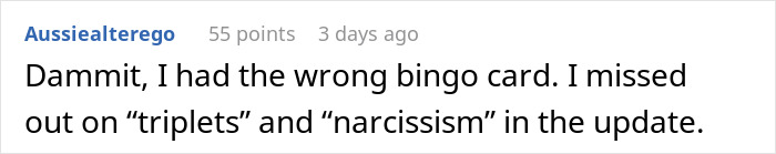 Screenshot of a Reddit comment discussing missing updates about triplets and narcissism in a bingo card game post.