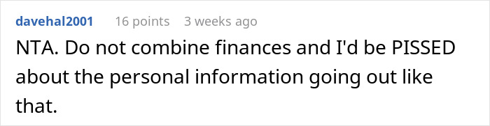 Screenshot of a forum comment rejecting combined income, expressing frustration over sharing personal financial information. Screenshot of a forum comment rejecting combined income, expressing frustration over sharing personal financial information.