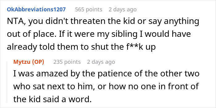 Reddit user discusses telling disruptive kid on a plane to shut up, sparking upset from the mom during the flight. Reddit user discusses telling disruptive kid on a plane to shut up, sparking upset from the mom during the flight.
