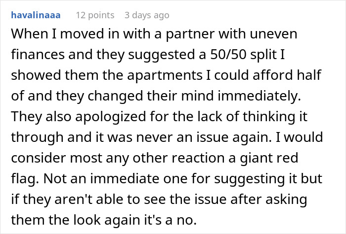 Commenter sharing experience with uneven finances and partner refusing equal rent split, highlighting dynamics in rich boyfriend demands equal split rent girlfriend refuses. Commenter sharing experience with uneven finances and partner refusing equal rent split, highlighting dynamics in rich boyfriend demands equal split rent girlfriend refuses.
