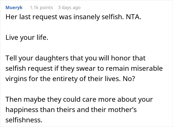 Comment on dying wife’s request and daughter calling husband a cheater after he starts dating following her death. Comment on dying wife’s request and daughter calling husband a cheater after he starts dating following her death.