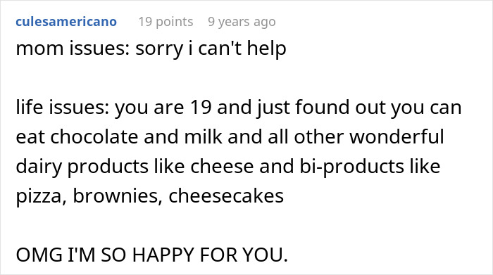 Text post about parents who lied regarding food allergies, leading to no contact with their daughter about dairy products.
