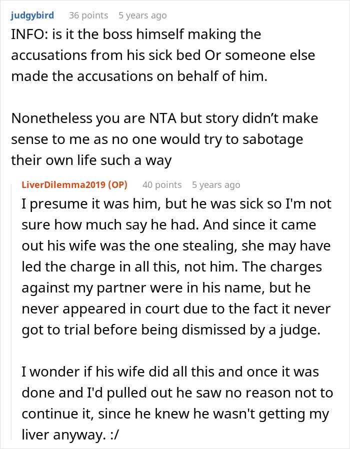 Online discussion about refusing to donate liver leading to a complex and disputed lawsuit situation.