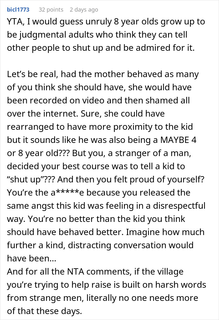Reddit comment criticizing a man for telling a disruptive kid on a plane to shut up, upsetting the mom. Reddit comment criticizing a man for telling a disruptive kid on a plane to shut up, upsetting the mom.