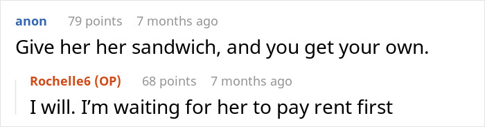 Screenshot of online conversation about a woman refusing to share her chicken sandwich with her cat. Screenshot of online conversation about a woman refusing to share her chicken sandwich with her cat.