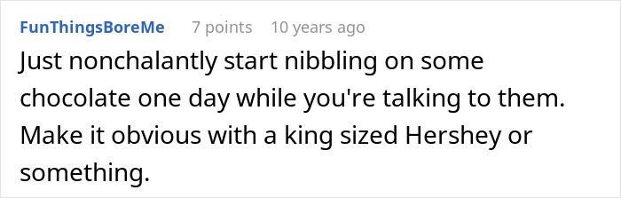 Screenshot of a forum comment suggesting to test parents who lied about food allergies by eating chocolate openly.