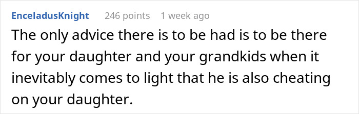 Comment discussing a mistress turned wife’s absentee husband wanting a third child, with her concerned mom. Comment discussing a mistress turned wife’s absentee husband wanting a third child, with her concerned mom.