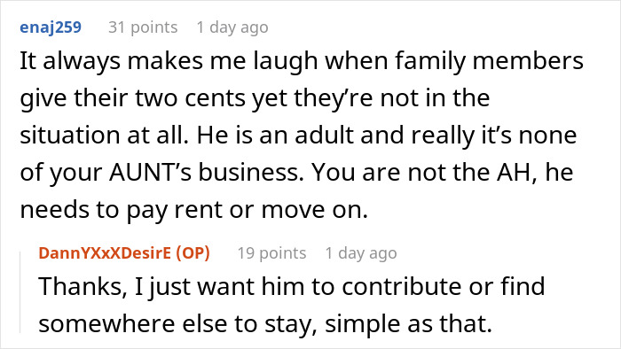 Comment thread discussing a guy mooching off cousin for months and being asked to pay $400 rent. Comment thread discussing a guy mooching off cousin for months and being asked to pay $400 rent.