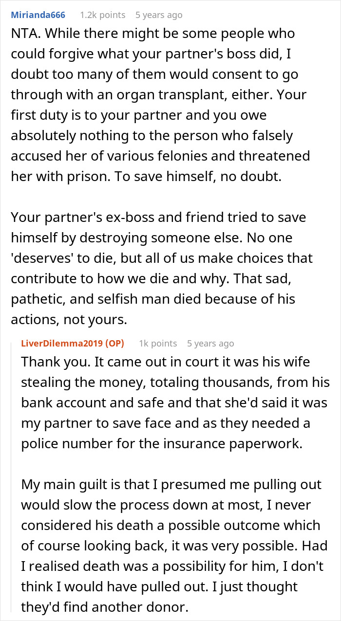 Reddit user discussing refusing to donate liver and guilt over possible consequences in a transplant lawsuit conversation.