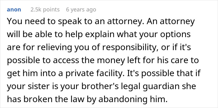 Text post advising to consult an attorney about legal options for autistic brother abandoned by sister who disappeared to Europe. Text post advising to consult an attorney about legal options for autistic brother abandoned by sister who disappeared to Europe.