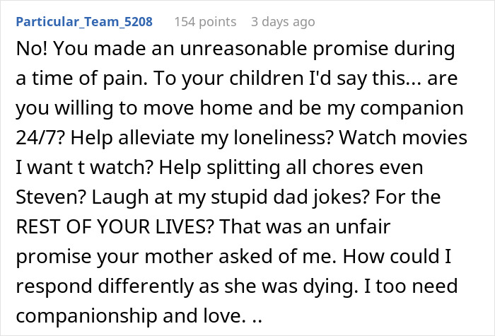 Screenshot of a forum comment discussing feelings about companionship and promises made during a dying wife's final moments. Screenshot of a forum comment discussing feelings about companionship and promises made during a dying wife's final moments.