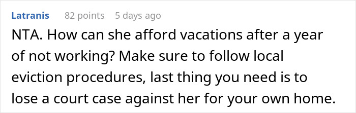 Comment on Reddit discussing eviction advice about a homeless friend mooching off a couple for months. Comment on Reddit discussing eviction advice about a homeless friend mooching off a couple for months.