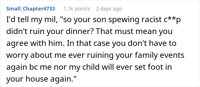 Alt text: Wife confronts brother-in-law for racist slurs during dinner while mother-in-law blames her for ruining the evening Alt text: Wife confronts brother-in-law for racist slurs during dinner while mother-in-law blames her for ruining the evening