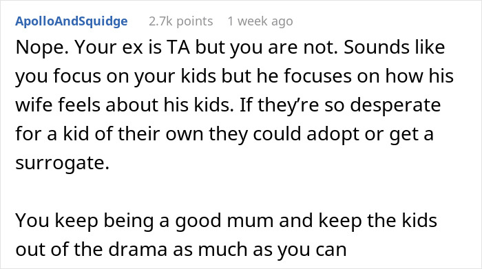 Comment discussing kids preferring bio mom over stepmom and dad struggling with his infertile wife's feelings.