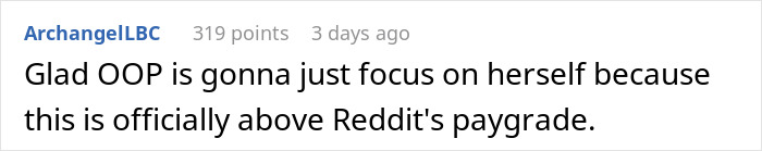 Reddit user expressing relief about focusing on herself, hinting at a sister revealed dead brother lie discussion.