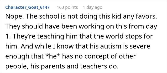 Comment discussing challenges faced by an autistic student and the responsibilities of parents and teachers. Comment discussing challenges faced by an autistic student and the responsibilities of parents and teachers.