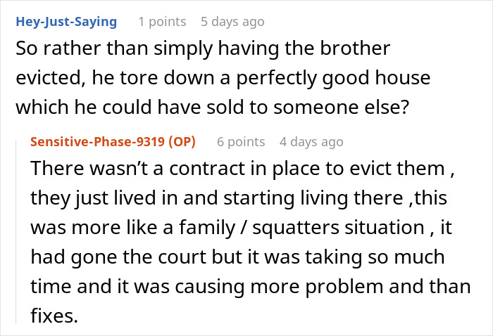 Screenshot of an online discussion about an entitled brother living in a house and the complications of his eviction and rights. Screenshot of an online discussion about an entitled brother living in a house and the complications of his eviction and rights.