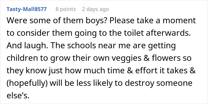 Alt text: Comment discussing woman’s hot revenge on neighborhood kids, torn between laughter and guilt after success.