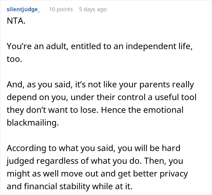 Comment discussing manipulative parents exploiting adult daughter financially and emotionally, advising independence and privacy.