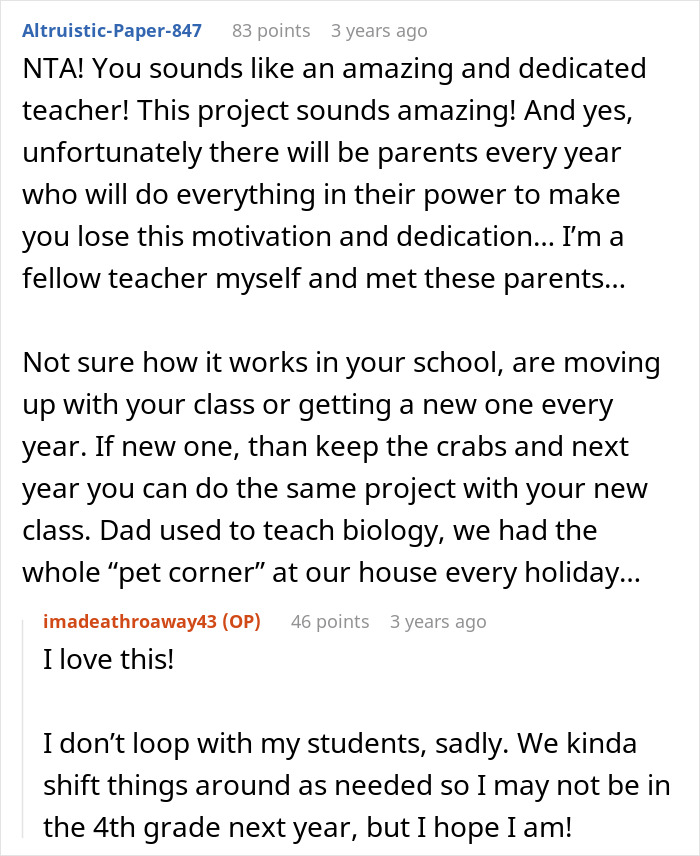 Reddit comments showing a teacher discussing giving kids hermit crabs as pets and facing backlash from parents. Reddit comments showing a teacher discussing giving kids hermit crabs as pets and facing backlash from parents.